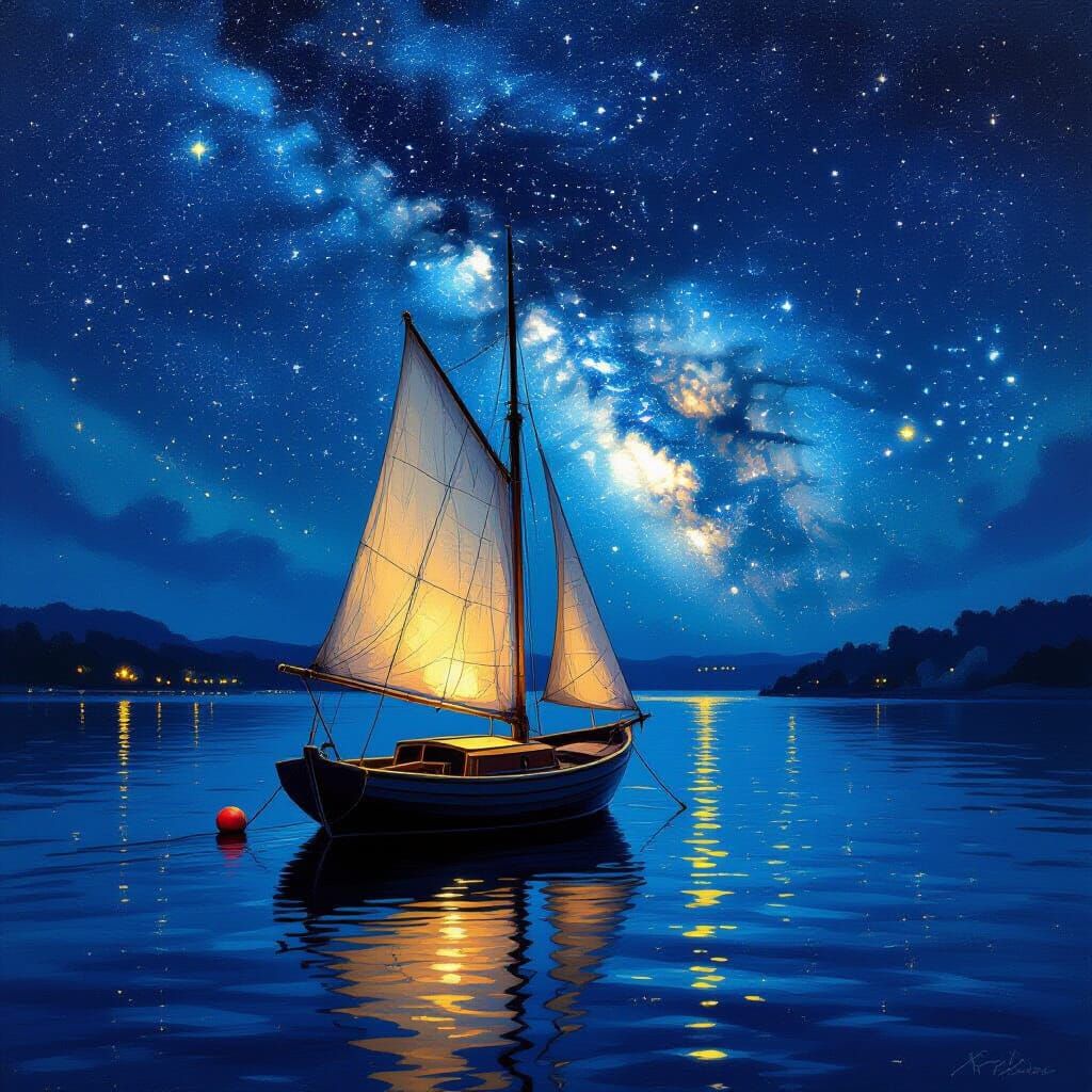 A solitary sailboat floating on a dark lake, the water surface reflecting the entire Milky Way and glowing ...  by @sarush