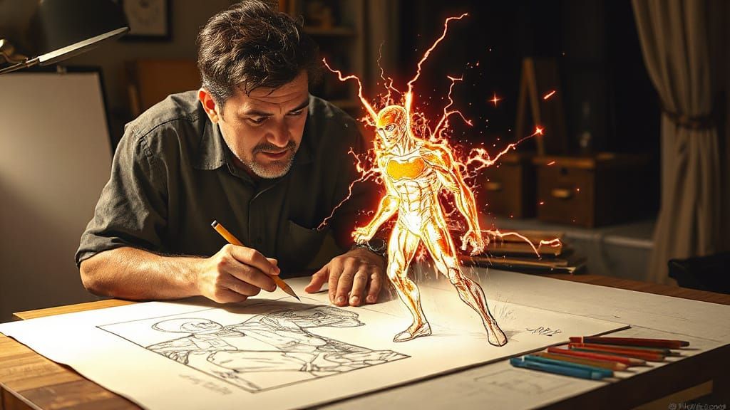 Magical Artists A hyper-realistic scene of an artist hunched over a drafting table, pencil in hand, mid-sketch. The comic book character he'...
