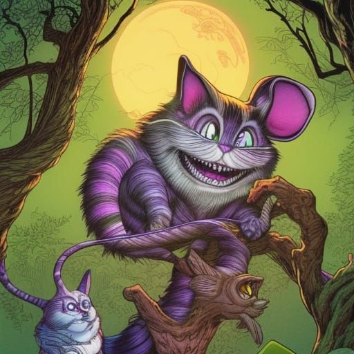 cheshire cat doing witchcraft with mice vivid contrast
