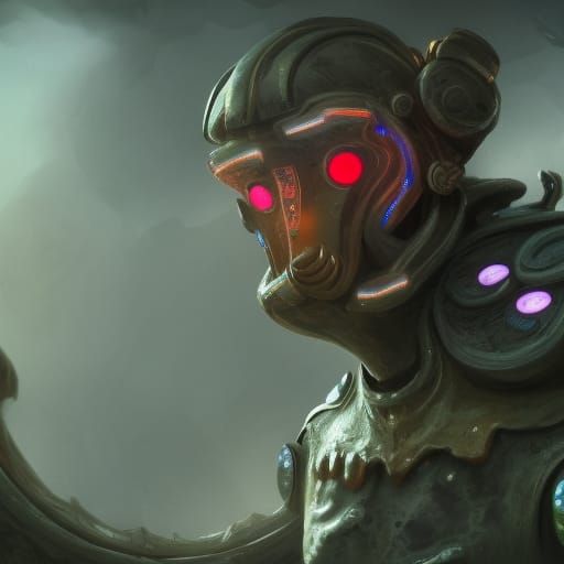 intimidating humanoid robot wearing a mask. It mushrooms gro...