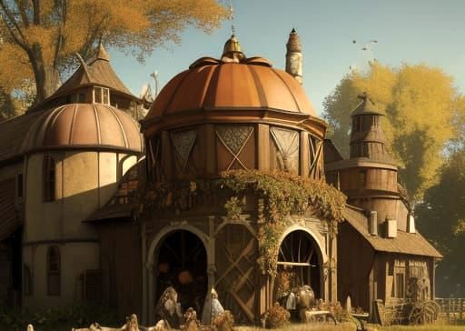 Surrealistic magical realism rigid depiction of a cornucopian fall harvest in a sunlit ambience, with bold decisive lines and facets echoing...