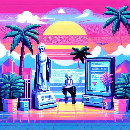 <lora:TidalWaves v1:1.0> Pixel art statues with palm trees retro arcade pixel art vaporwave pastel colors