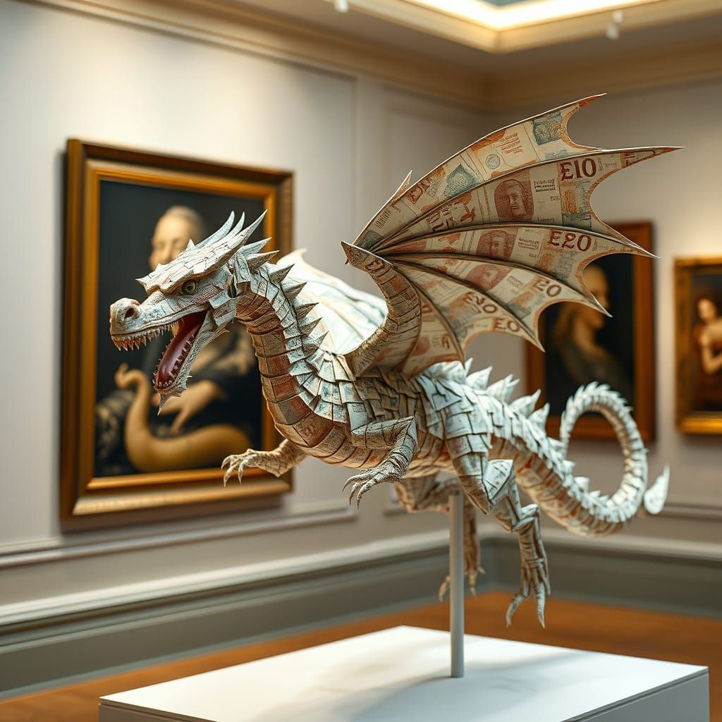 A collage of a dragon hanging in a gallery made from £5 notes  by @Hollyberry
