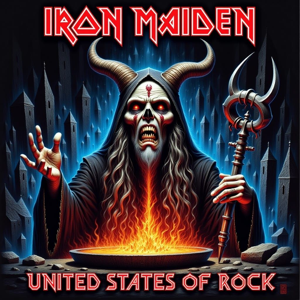 “Iron Maiden” text, eddie the head, Satan as president “United States of Rock” bottom text, heavy metal album artwork sleeve <lora:FluxinMe...