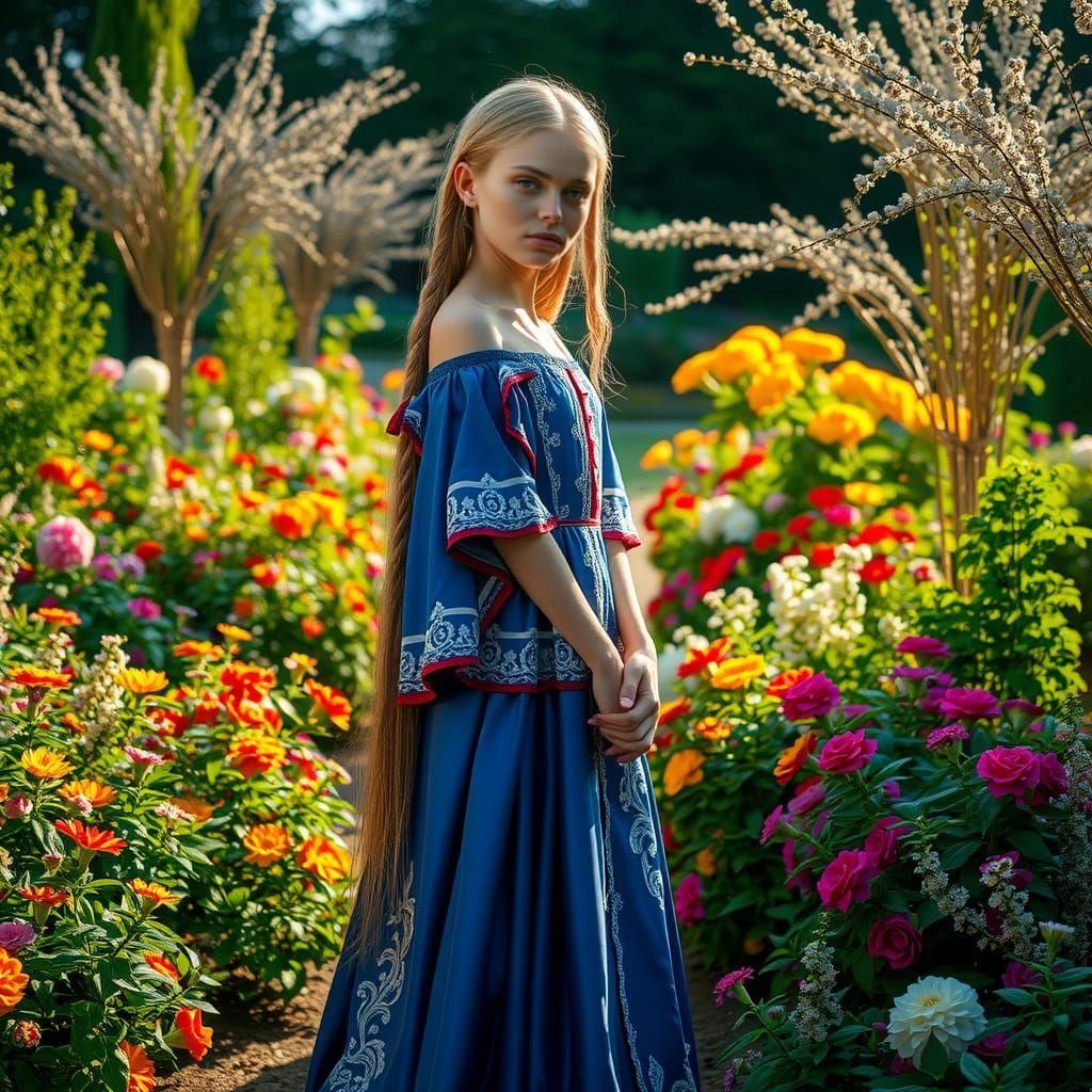Blonde and pretty girl, tall and thin, with very long braids, blue,red and white gown. Garden, flowers,day. volumetric lighting photorealism...
