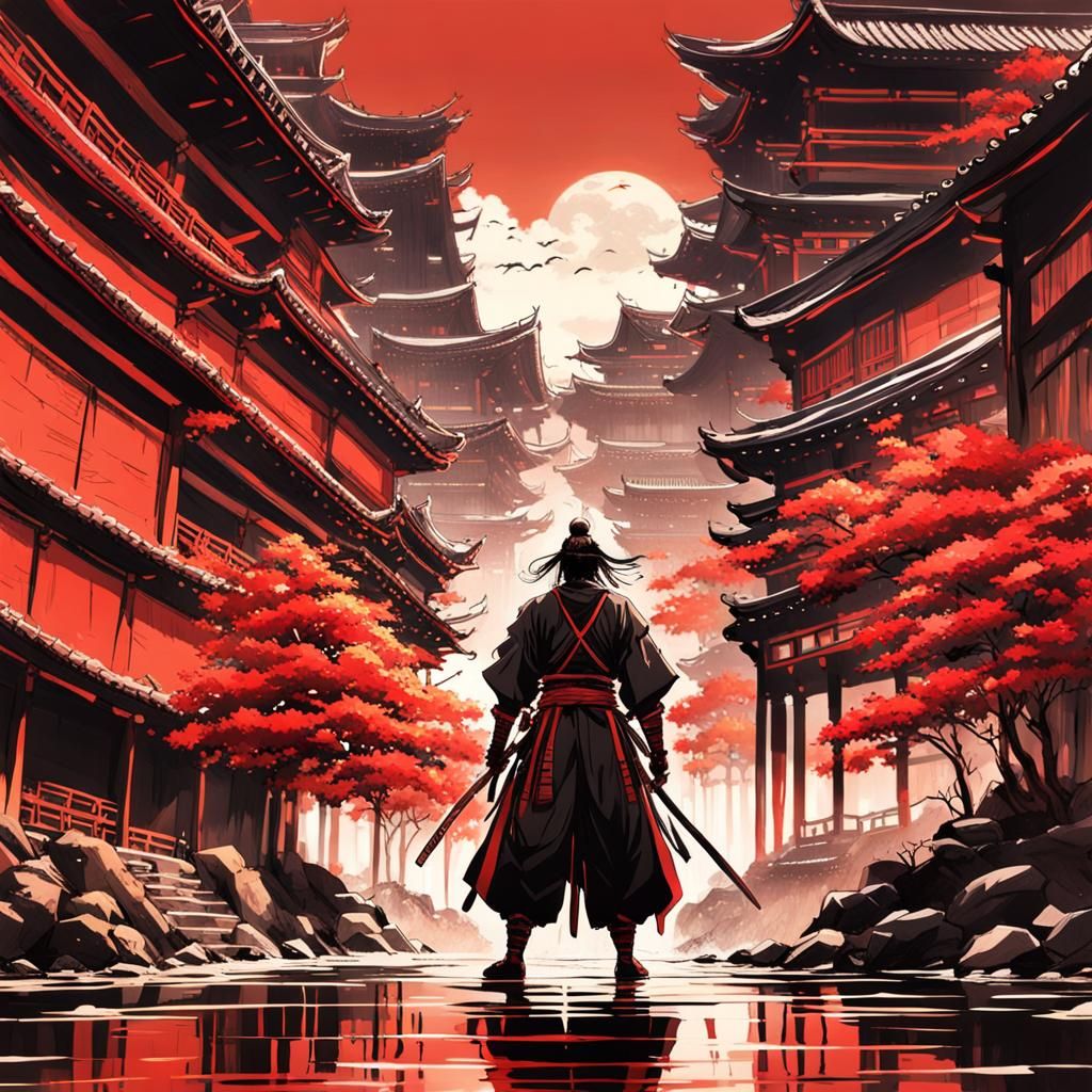 Serious and Epic Black And Red Samurai with ancient china buildings in ...