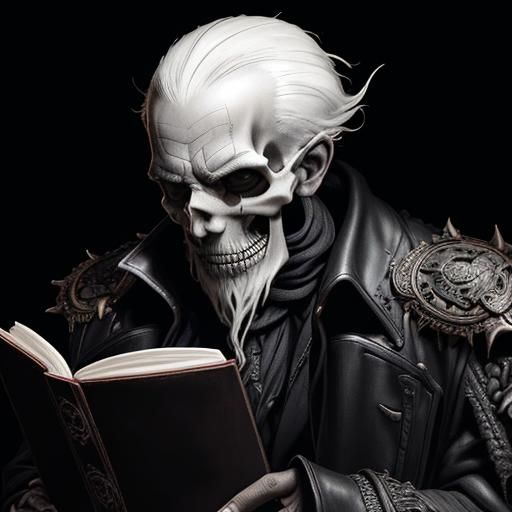 an old man reading a black leather bound tome, the skull vis...