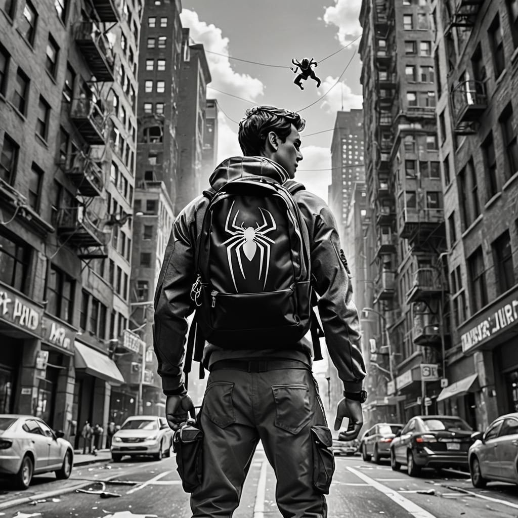 Spiderman, web, backpack, buildings, black, white, gray, Act...