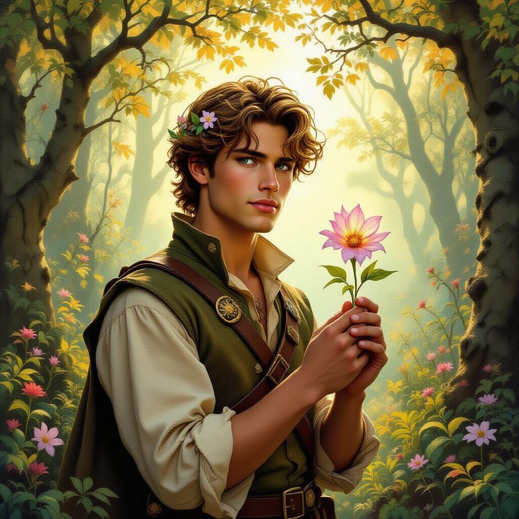 junger mann im wald hält eine zauberblume in der hand um seine Verlobte von einer verzauberung zu lösen