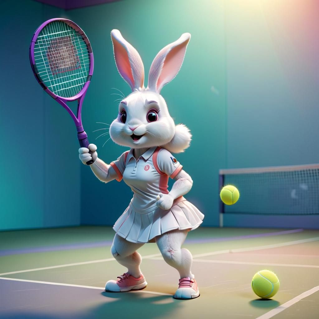 Cute female rabbit dressed to play tennis holding racquet an...