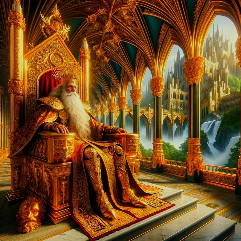Elderly King on Golden Throne in Gothic Realm