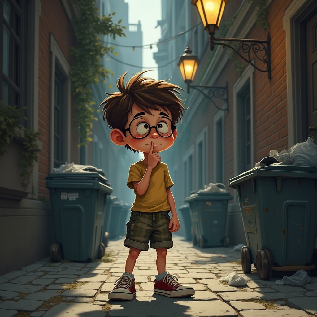 Surreal Boyhood Moment in a Gritty Alleyway in Photorealisti...