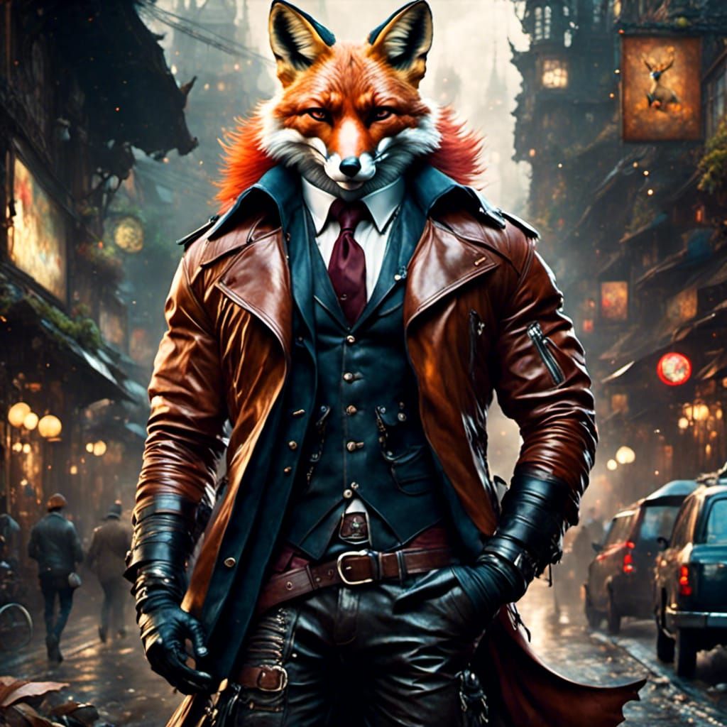 handsome muscular fox, open leather jacket ! <lora:LapiClassic:1.0>