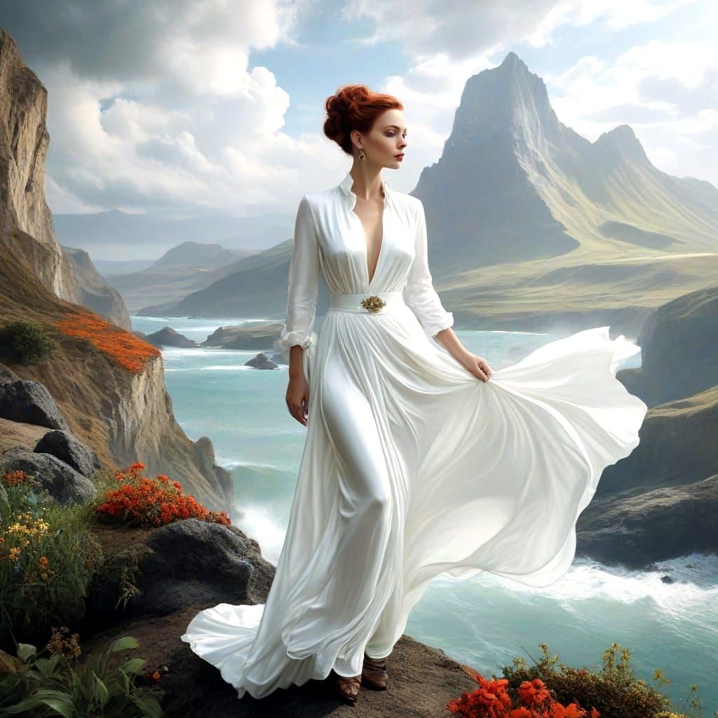 Surrealistic Portrait of a Happy Lady in a Vibrant Landscape