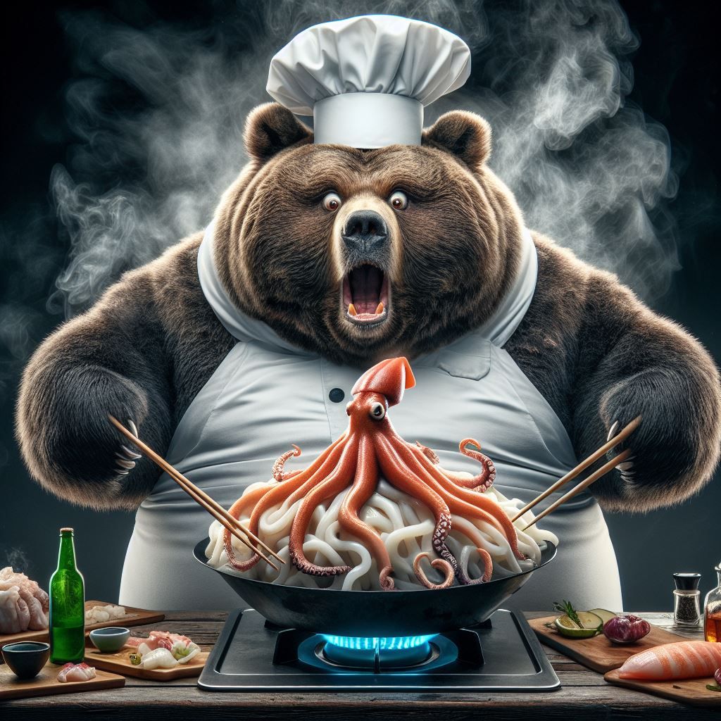 Master Bear Chef preparing a dish with living Squid