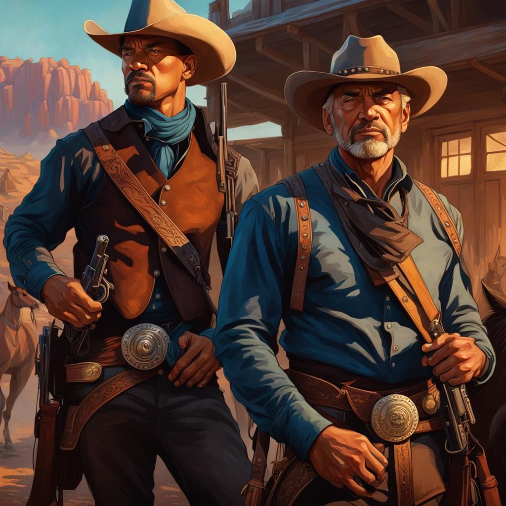 shoot out portrait of 2 cowboys standing opposite each other...