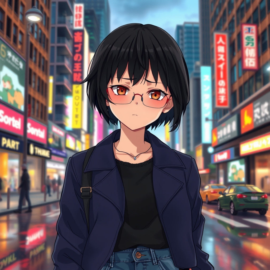 Anime Woman's Headache in Neon Cityscape