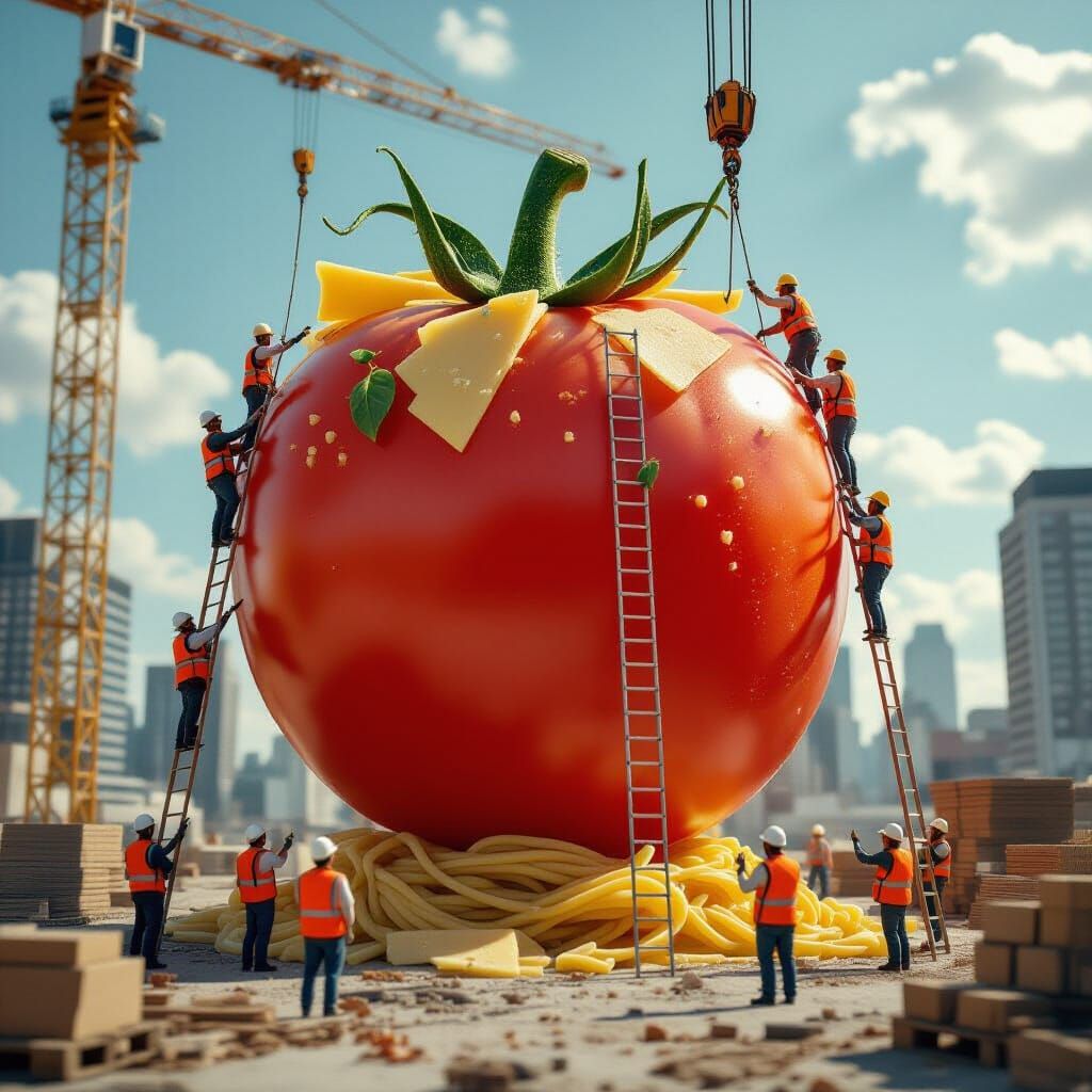 A giant tomato stands in the middle of a construction site surrounded by tiny construction workers in hard hats and vests. Workers climb lad...