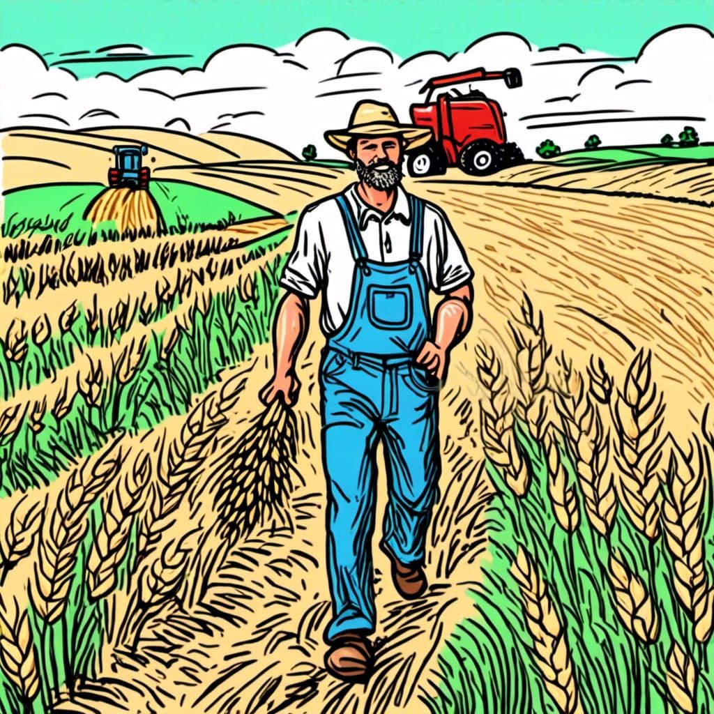 <lora:Childhood Crayon:1.0> A farmer walking in the wheat field to get to his harvester
