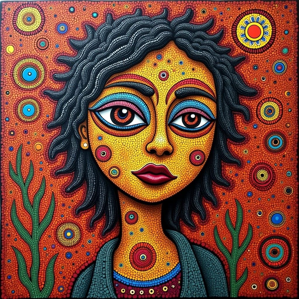 <lora:MIXED EMOTIONS:1.0> portrait, tim burton, Surreal Maximalist ABORIGINAL folk-art, cluttered zentangle oil on canvas painting