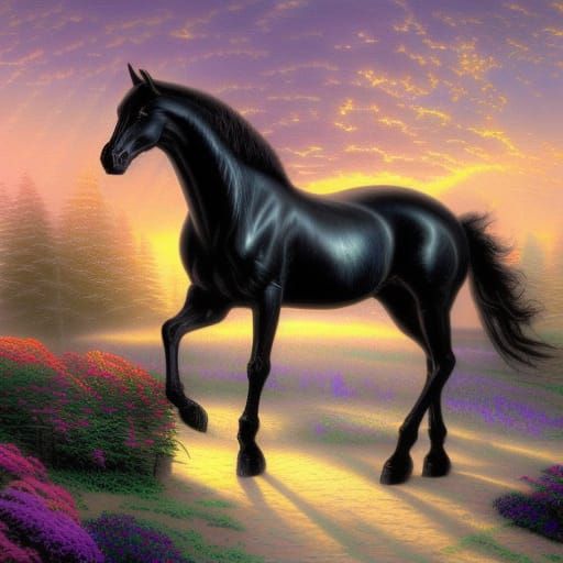 Beautiful Black horse in the sunset