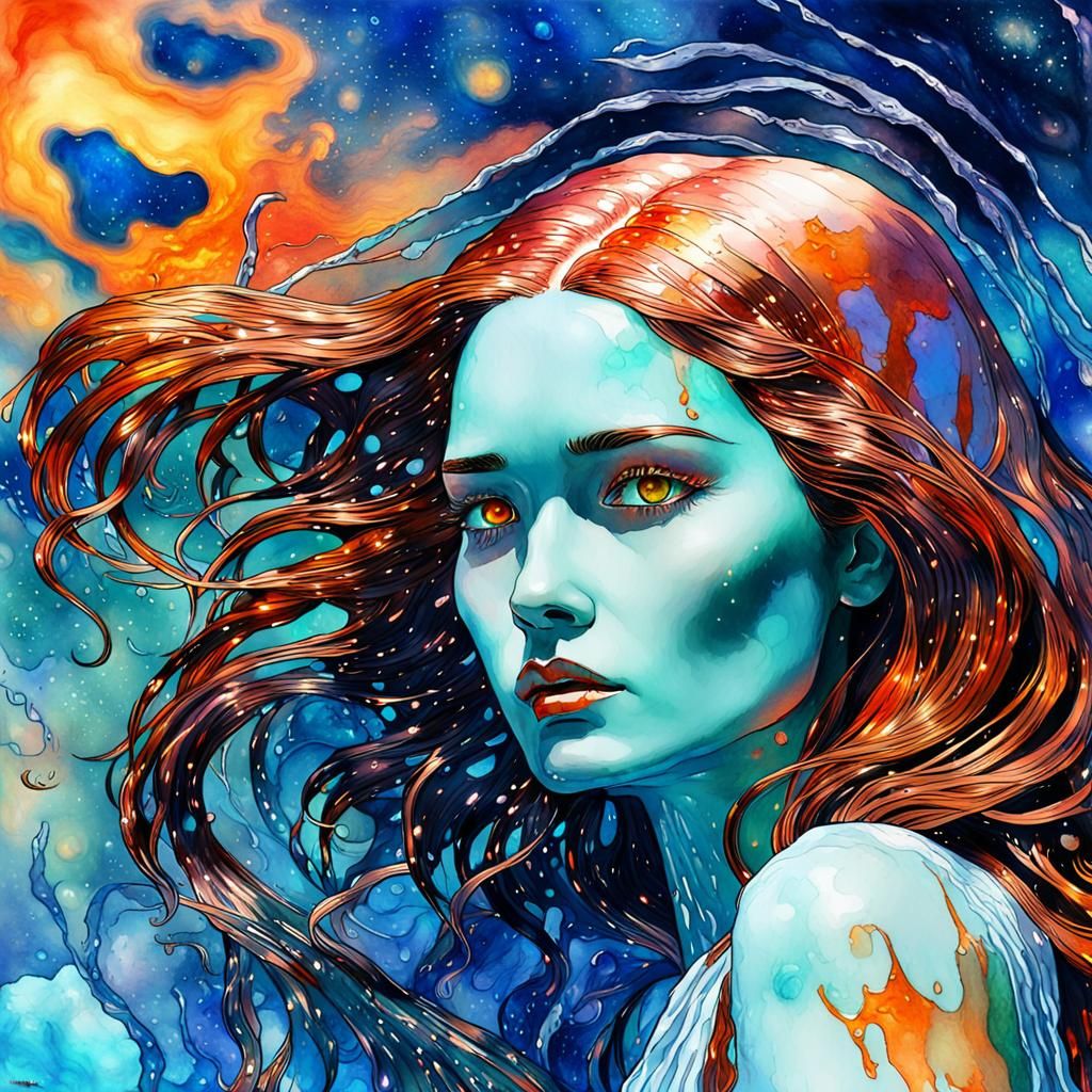 burning frozen glass porcelain metal wood liquid woman , she...