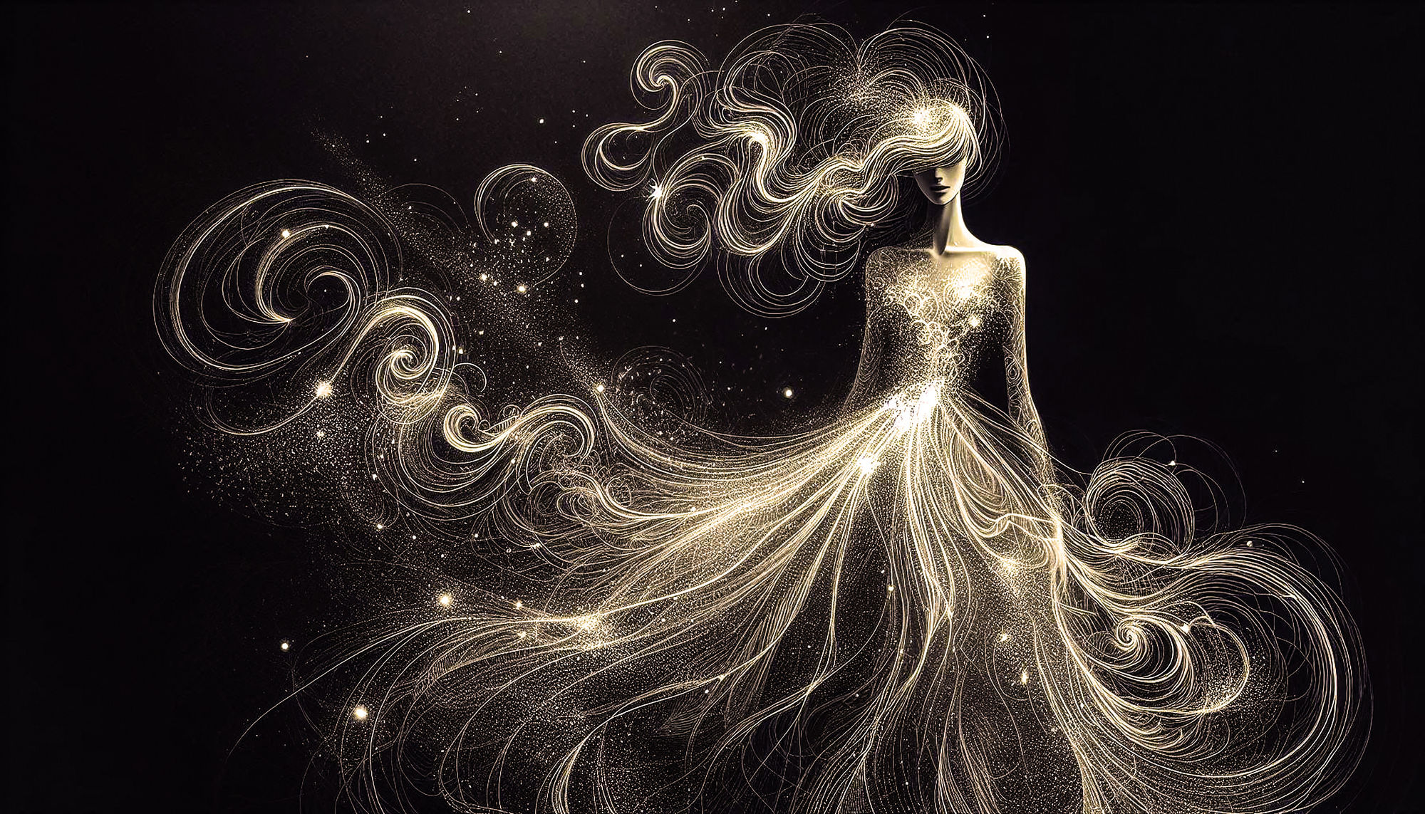 Fashion sketch style. An ethereal figure composed of swirling clouds and stardust, forming a serene floating woman. blends with a galactic b...