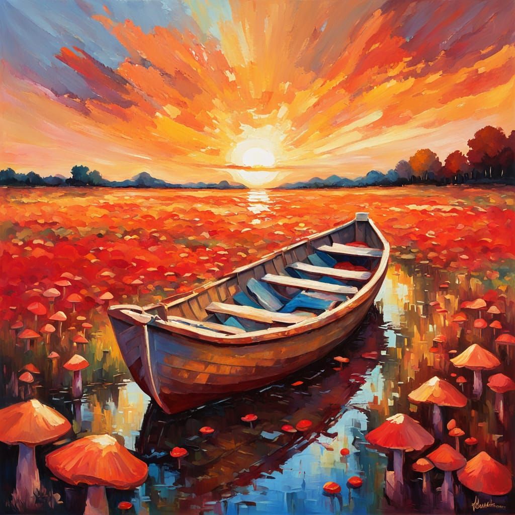 Old boat in a mushroom marsh