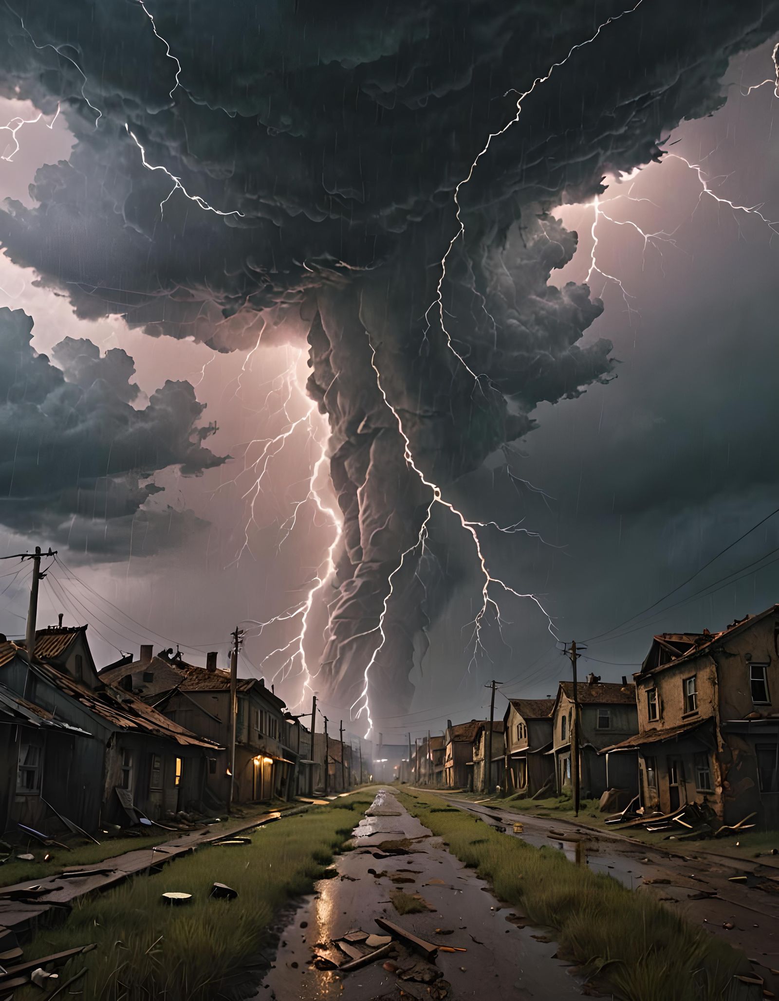 A massive lightening storm over an abandoned town.