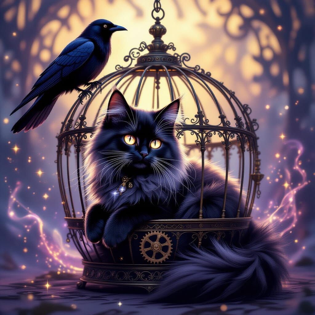  A fluffy black cat inside a birdcage 