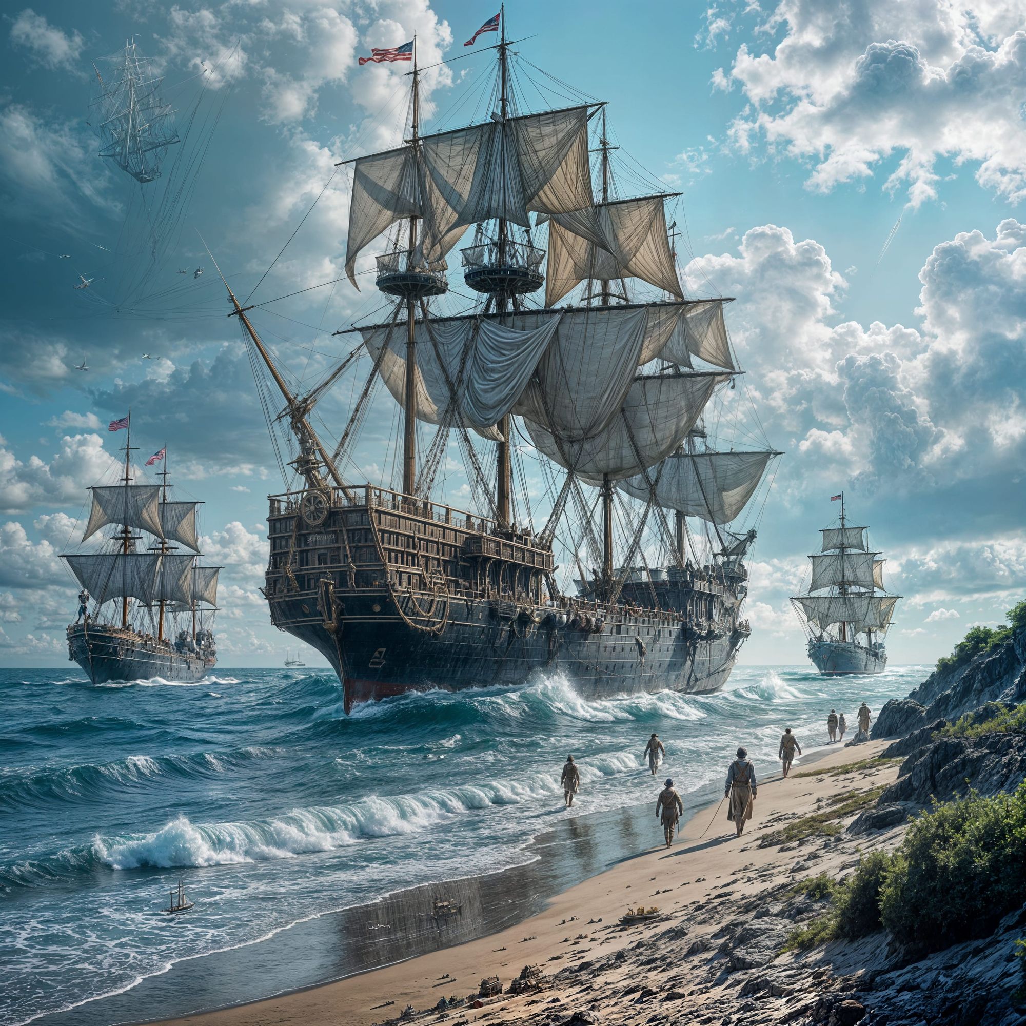 Photo
double exposure
hyper realistic,
extra big Gulliver, Gulliver's Travels

walking in the water pulling a lot of warships with ropes, 
I...