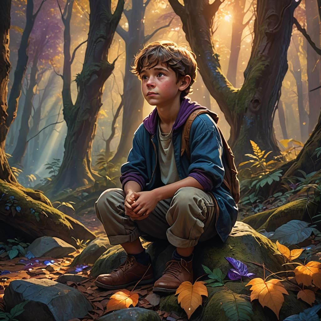 Boy Crying with a Smile in Enchanted Forest