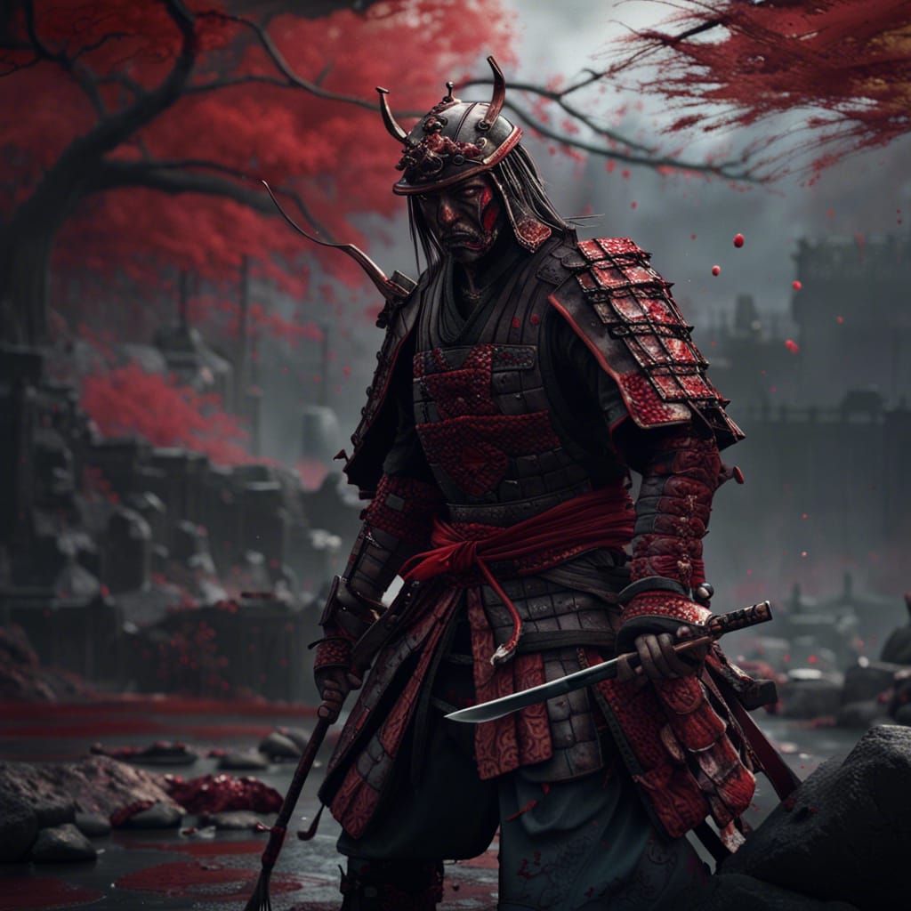 Wounded samurai covered in blood 