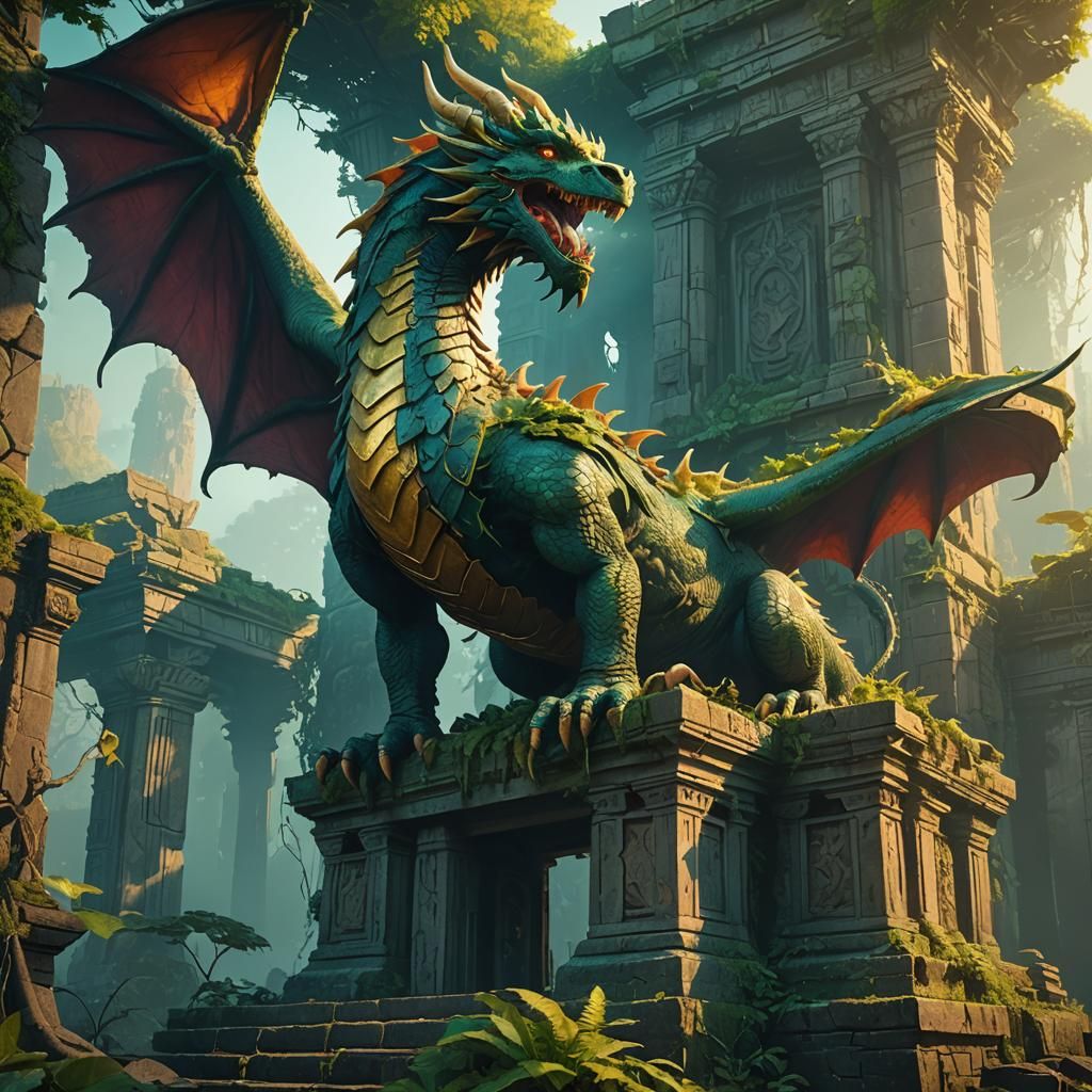 Dragon Perched Atop Ancient Temple Ruins