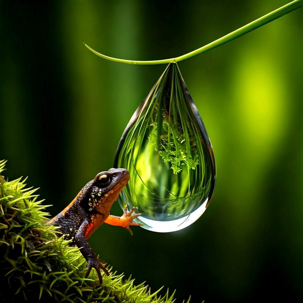 Newt examining reflections in a water drop  by @Lord Scraggler