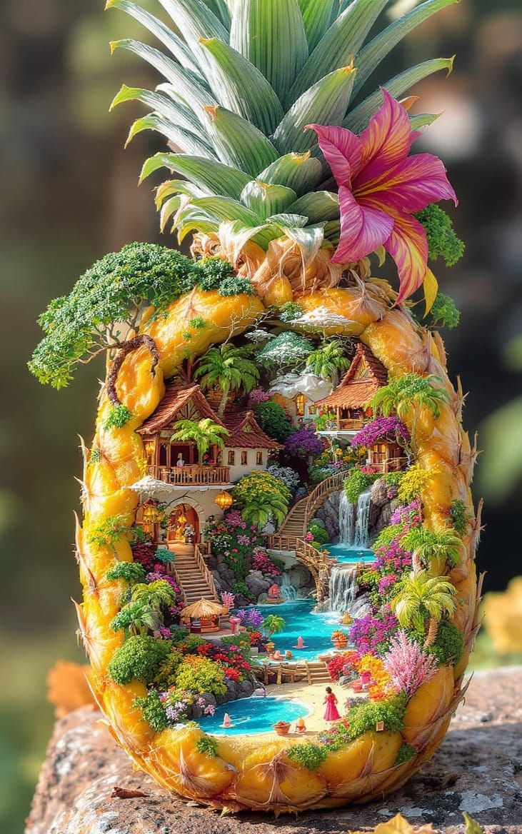 an interesting, beautiful fantasy mini tropical paradise inside a pineapple, art of a miniature Hawaiian village with miniature houses with ...