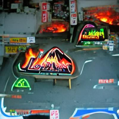 pinball neon signs lava hell mountain volcano street japan
