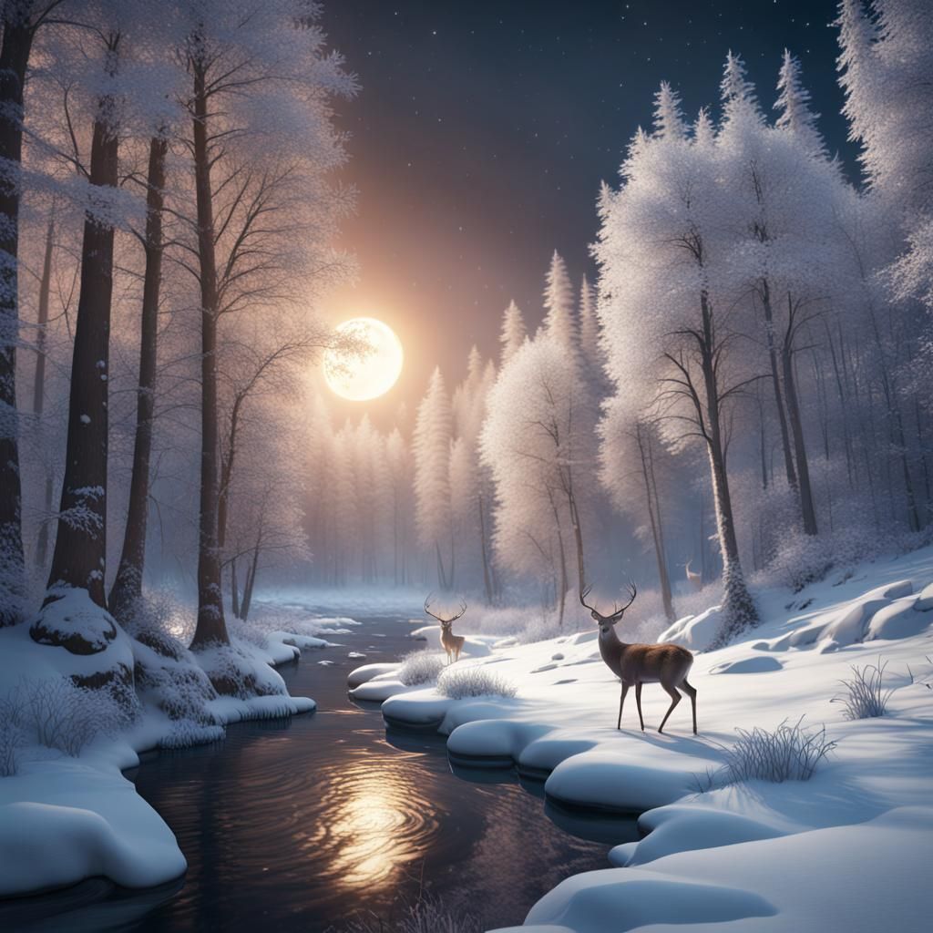 moon shining on a river running through a snow covered forest with a deer by the water  by @Sharoja
