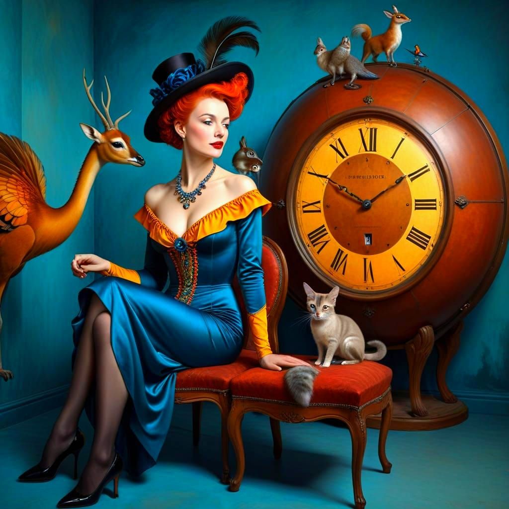Charming Ladies with Fantastic Animals in Surreal Setting