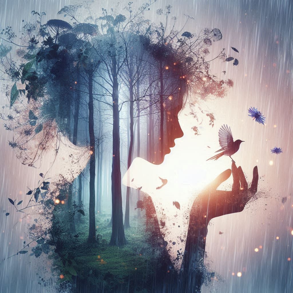 double exposure beautiful fantasy DALL-E 3 portrait landscape..