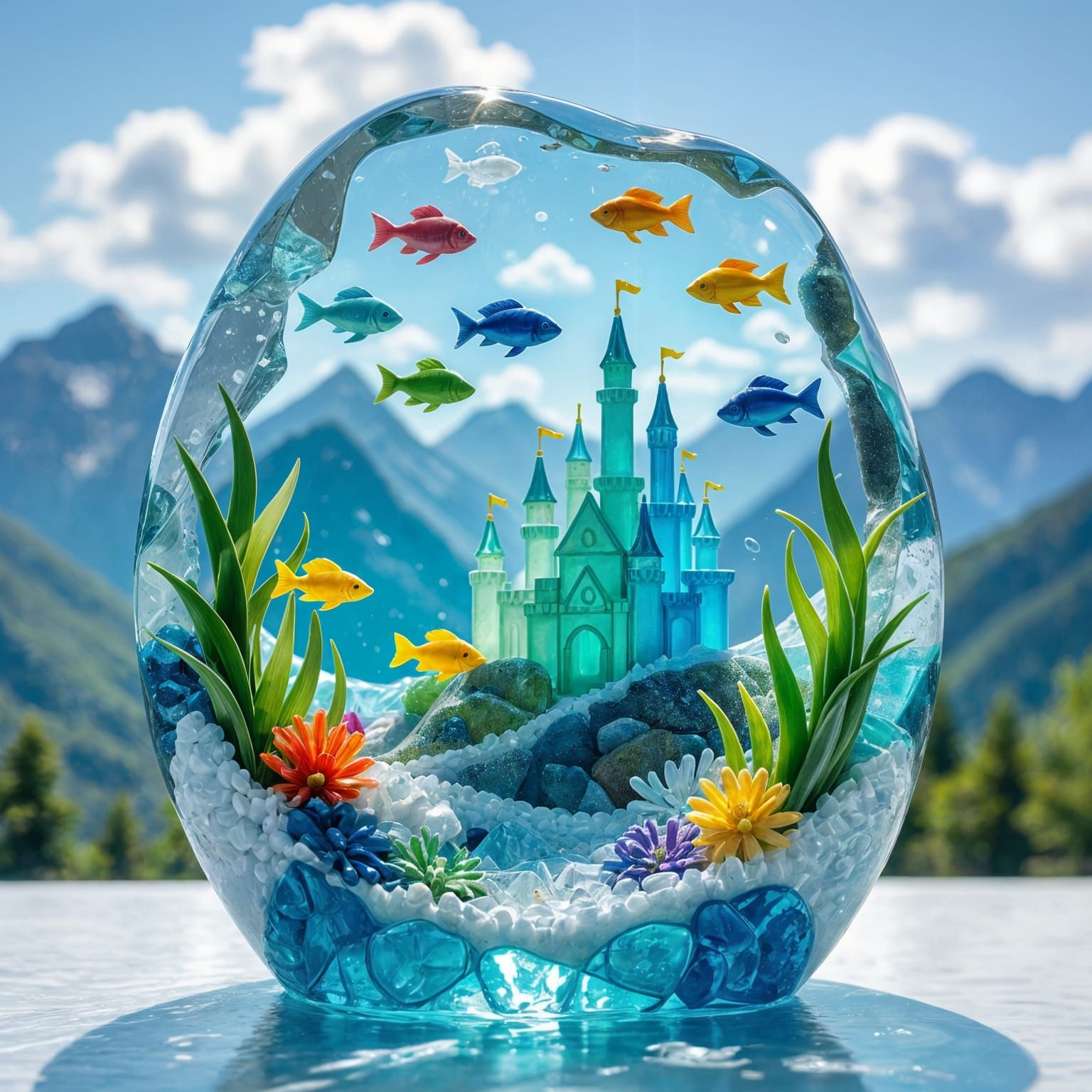Sea Glass Castle Sculpture with Colorful Fish