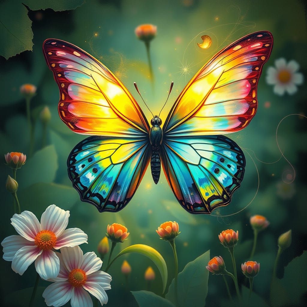 Ethereal Butterfly in Whimsical Garden Scene
