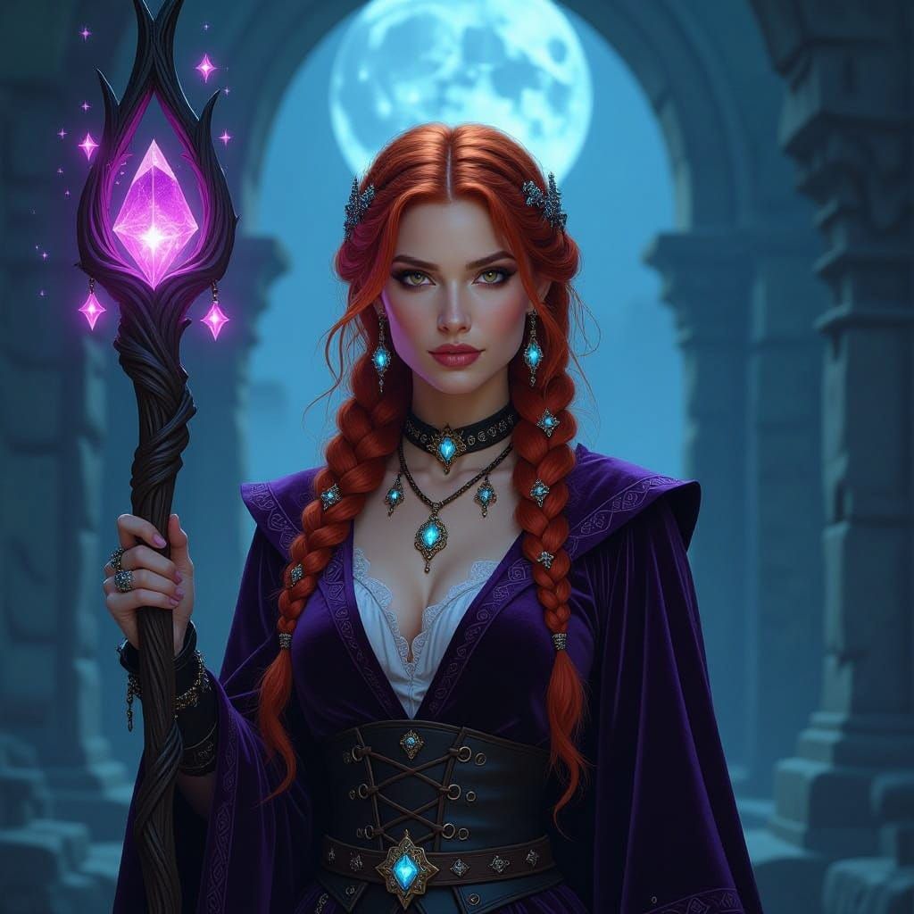A witch, aged between 25 and 30, with expressive and confident features, stares out from the canvas. Her long, fiery red hair is braided in ...