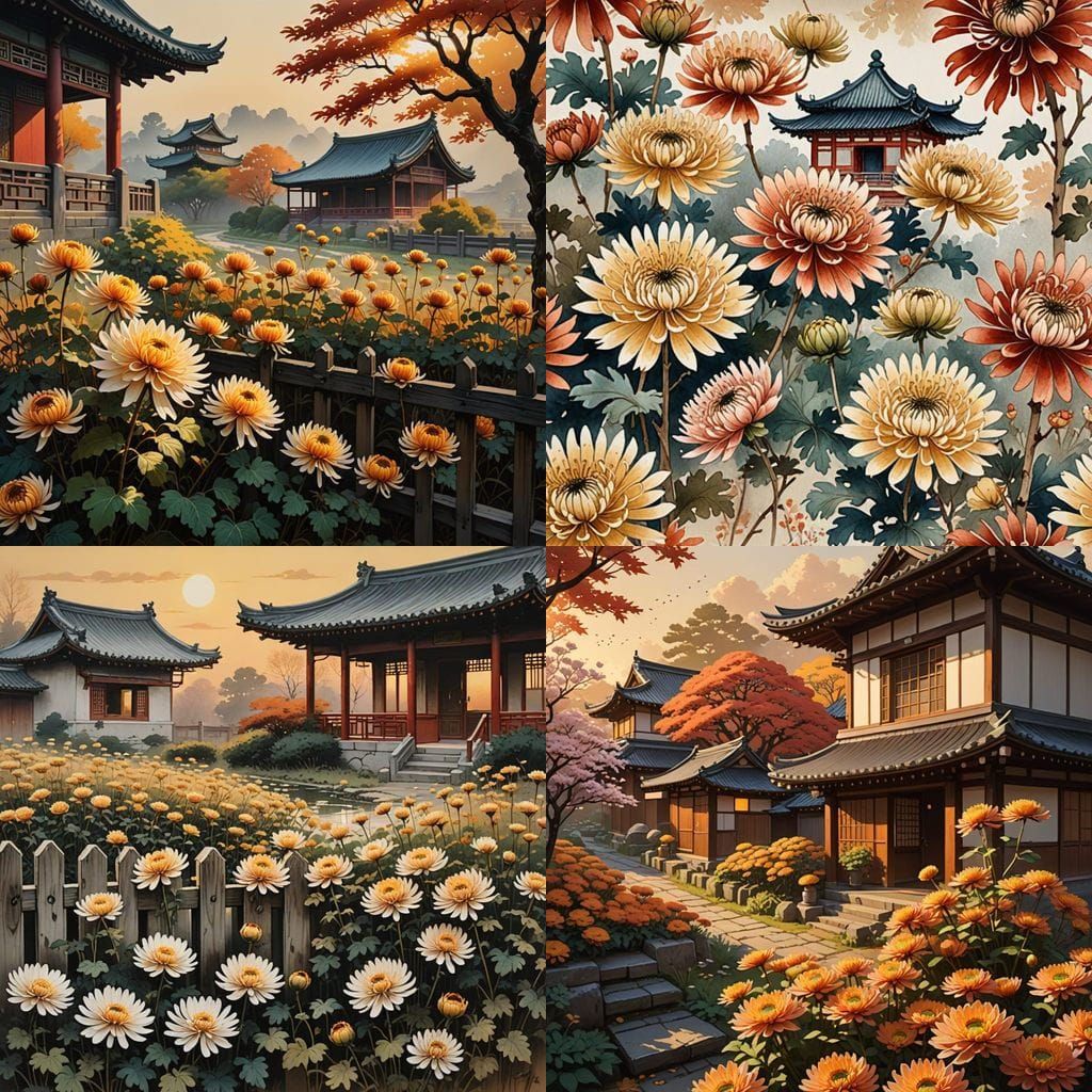 Chrysanthemums Bloom Near Rustic Home as Sun Sets