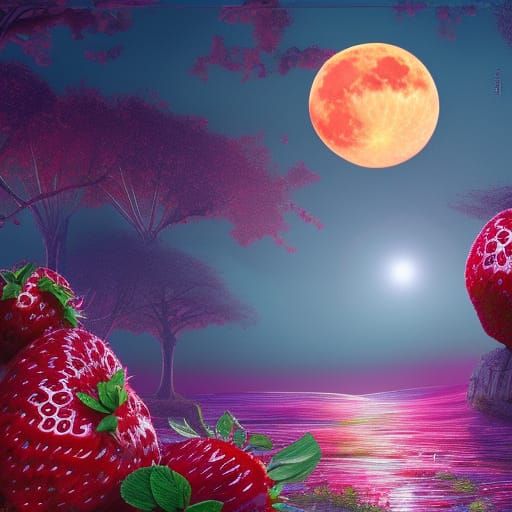 Strawberry moon in landscape of strawberries vibrant and colourful