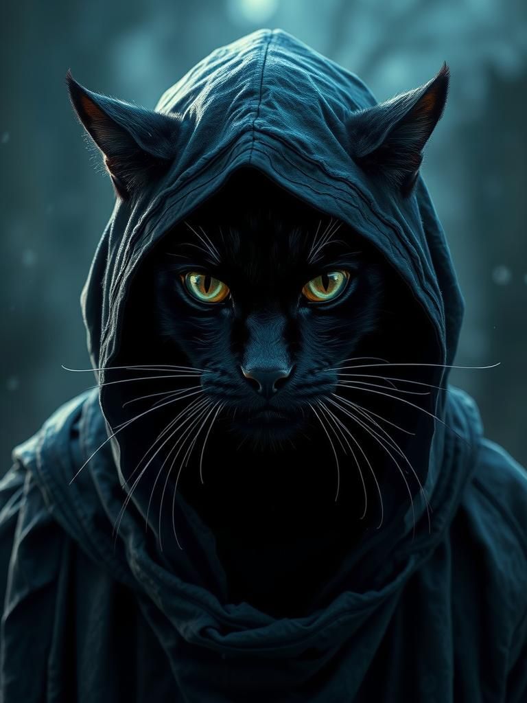 Monochrome Cat Portrait in Dark Fantasy Style