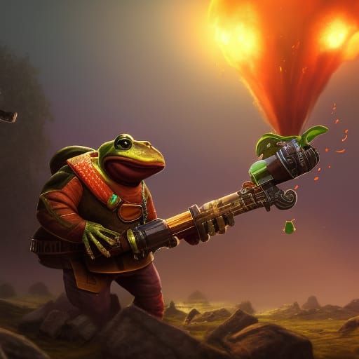 A frog wielding a rocket-launcher from a video game.