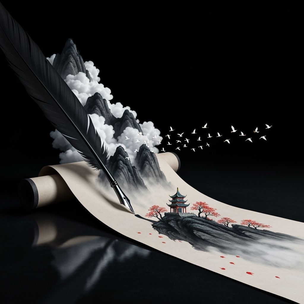 Surreal masterpiece, a giant black quill pen is magically painting a traditional Chinese mountain landscape onto an ancient scroll. The scro...