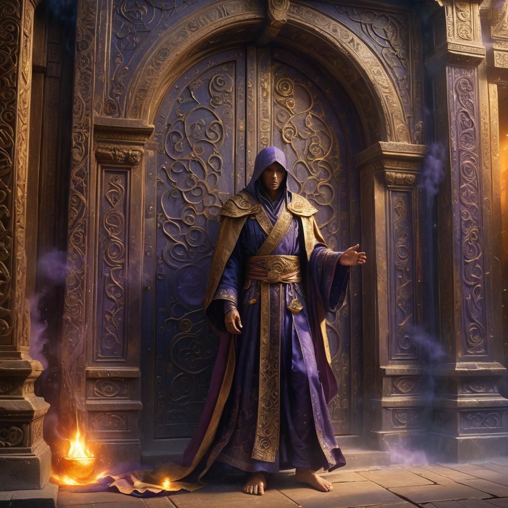Mysterious Figure Before Ancient Doors, Epic Fantasy Art