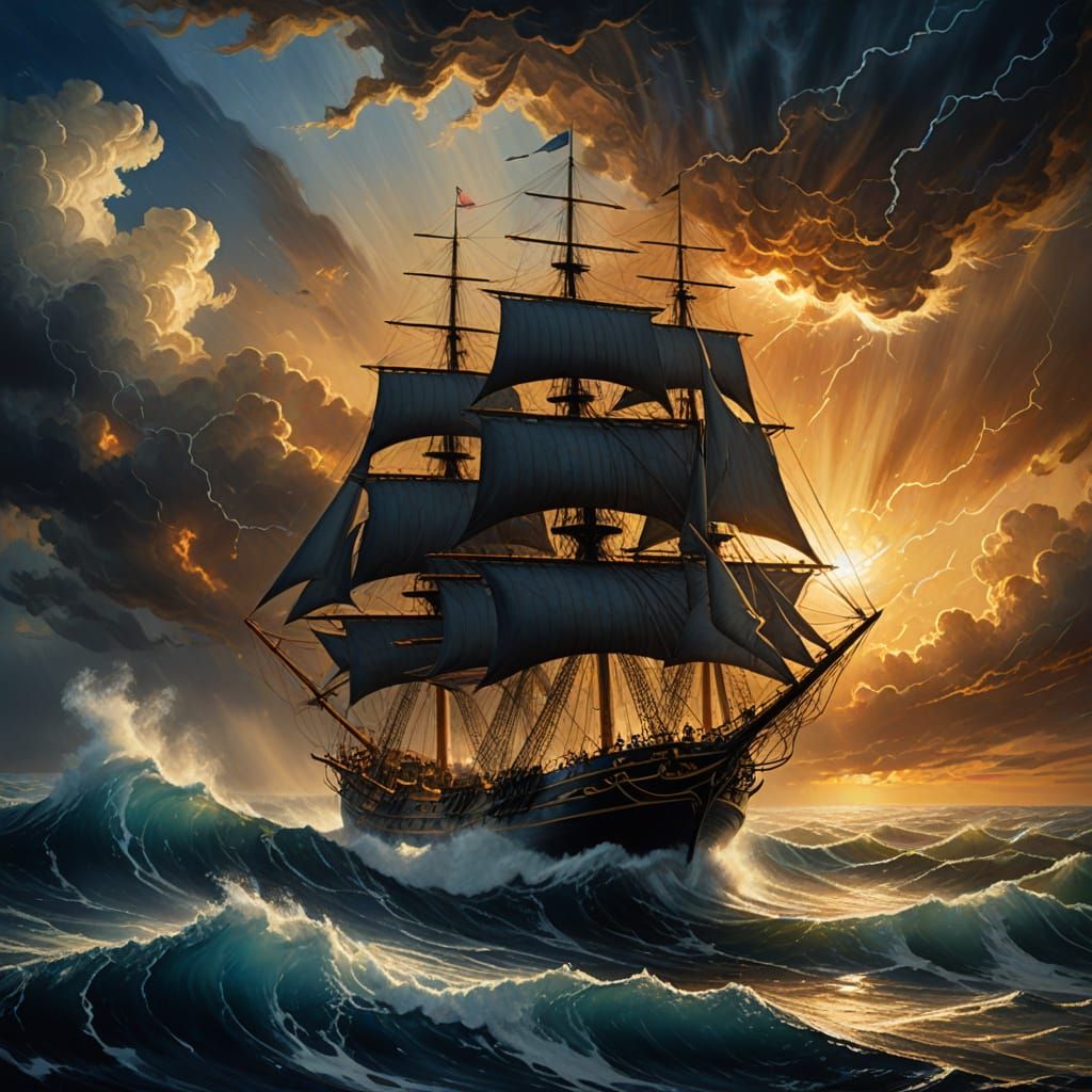 A breathtaking scene of a majestic 17th-century clipper ship battling heavy weather, sailing at full ...  by @Tomazi